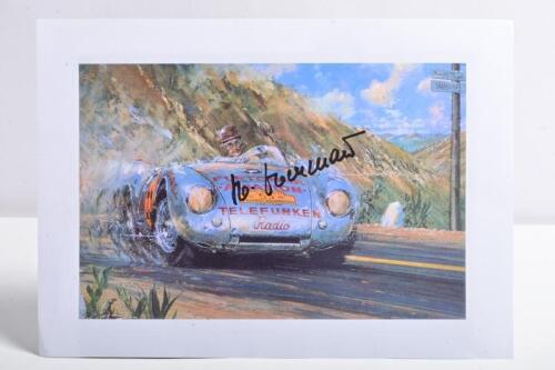 HERMANN/PORSCHE: A print paper copy of Hans Hermann racing a Porsche 550 Spyder at the 1954 Carrera Panamericana. Hans Hermann signature