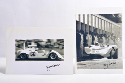 HALL: Two black and white images of Jim Hall in the Chaparral 2G at various events including Mosport 1965, LA Times Grand Prix Riverside 1968. Jim Hall signatures