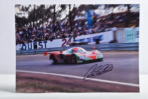 MAZDA/HERBERT: A colour picture of Johnny Herbert racing the Mazda 787B at Le Mans. Johnny Herbert signature