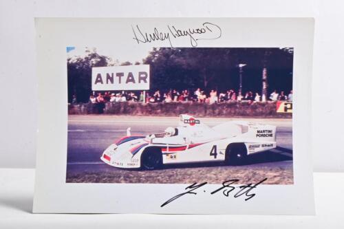 PORSCHE: A colour picture of the Martini Porsche 936 from Le Mans 1977 as raced by Jurgen Barth, Hurley Haywood, Jacky Ickx. Jurgen Barth & Hurley Haywood signatures