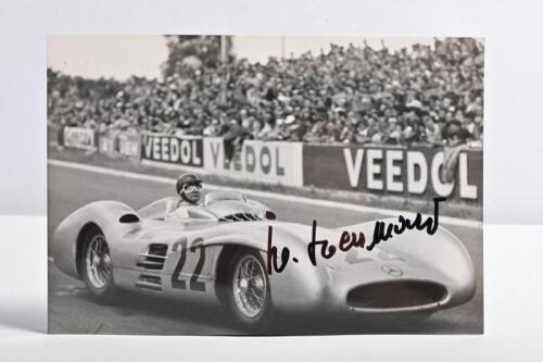 MERCEDES-BENZ: A Mercedes-Benz-Foto of Hans Hermann racing the Mercedes-Benz W196R Streamliner. Hans Hermann signature
