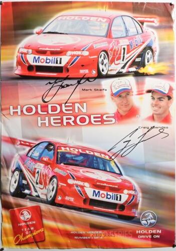 HOLDEN: A 'HOLDEN HEROES' promotional poster, Number 1 of 4, poster features images of HRT Holden V8 Supercars. Mark Skaife & Craig Lowndes signatures