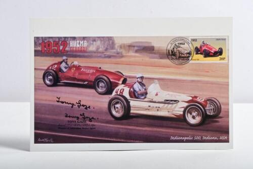 GAZE: A colour picture copy of a Tony Gaze stamp envelope depicting the 1952 Indianapolis 500. Tony Gaze signature