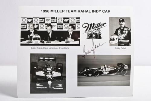 RAHAL: A black and white picture collage - '1996 MILLER TEAM RAHAL INDYCAR' - depicting Bobby Rahal. Bobby Rahal picture