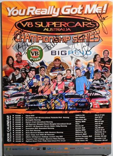 V8 SUPERCARS: A '2005 V8 SUPERCARS - CHAMPIONSHIP SERIES' promotional poster, poster with images of multiple V8 Supercar drivers. Multiple driver signatures including Russell Ingall, Craig Lowndes, Rick and Todd Kelly, Glenn Seton