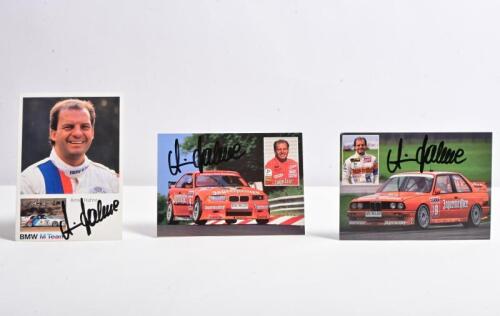HAHNE: Three note cards related to Armin Hahne. Jagermeister Linder-Team E30 BMW M3 & E36 BMW 325i note cards. Armin Hahne signatures