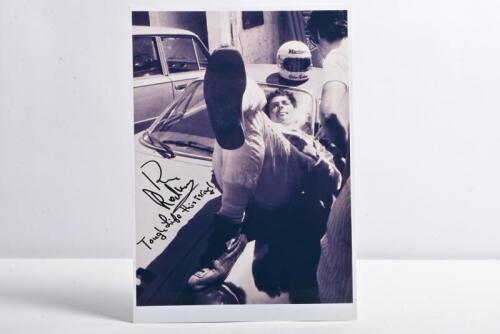 REDMAN: A black and white picture of Brian Redman in a relaxed pose. Brian Redman signature