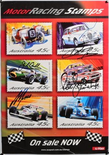 AUSTRALIAN MOTOR RACING STAMPS: A 'Motor Racing Stamps' promotional poster depicting a selection of Australian 'Motor Racing Stamps'. Poster signed by Peter Brock, Sir Jack Brabham, Bob Jane, Alan Jones