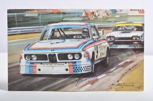 BMW/HEZEMANS: A Michael Turner note card depicting the 1973 European Touring Car Championship winner Toine Hezemans at the wheel of the BMW 3.0 CSL at Zandvoort. Toine Hezemans signature