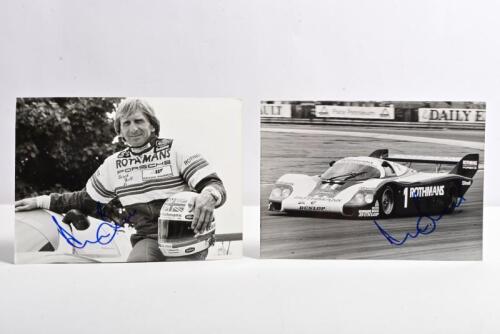 BELL/PORSCHE: Two black and white images related to Derek Bell. Image of Bell racing the Rothmans Porsche to a class-win in the Pace 6 Hours Race at Silverstone, 1982. Images signed by Derek Bell
