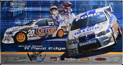 FORD: A 'Giving Steel A Real Edge' poster featuring the Orrcon Racing BA Ford Falcon V8 Supercars of Jason Bargwanna and Mark Winterbottom. Poster signed by Mark Larkham & Mark Winterbottom