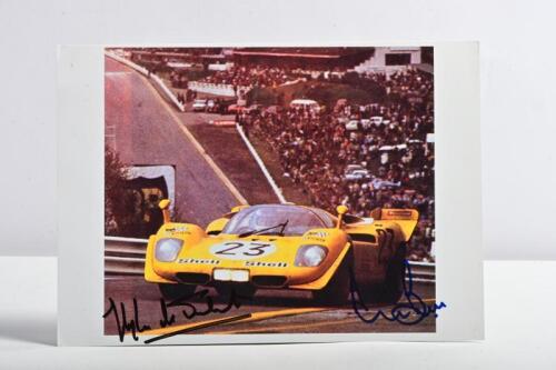FERRARI: A colour picture of Derek Bell and Hughes De Fierlant racing a 'Ecurie Francorchamps&rsquo; Ferrari 512S at Spa, 1970. Bell & De Fierlant signatures