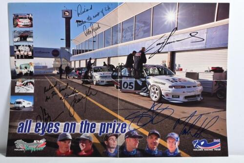 HRT: A HOLDEN RACING TEAM poster. Poster signed by Jason Bargwanna, Peter Brock, Craig Lowndes, Greg Murphy, Mark Noske, Mark Skaife. Circa 1997