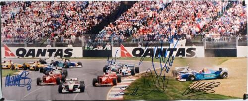 AUSTRALIAN GRAND PRIX: An interesting landscape colour picture of the 1st lap from 1997 Australian Grand Prix, Melbourne. Picture signed by multiple F1 drivers from the period including Jean Alesi, Martin Brundle, Gerhard Berger, David Coulthard, Johnny H