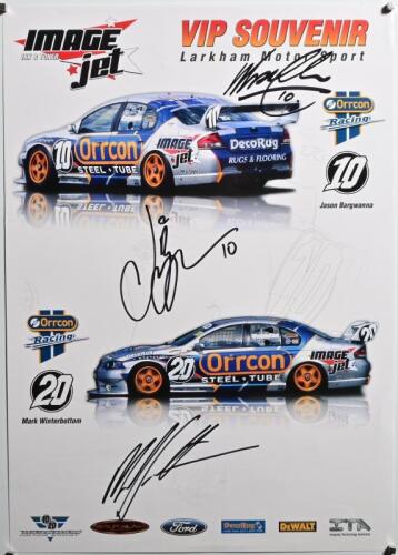 FORD: A 'VIP SOUVENIR - Larkham Motor Sport' poster featuring the Orrcon Racing BA Ford Falcon V8 Supercars of Jason Bargwanna and Mark Winterbottom. Poster signed by Jason Bargwanna, Mark Winterbottom and Mark Larkham