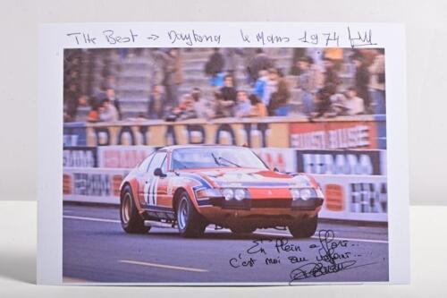 FERRARI: One colour picture of the Ferrari 365/GT4 Daytona as raced by Cyril Grandet/Dominique Bardini at Le Mans 1974. Dominique Bardini signature