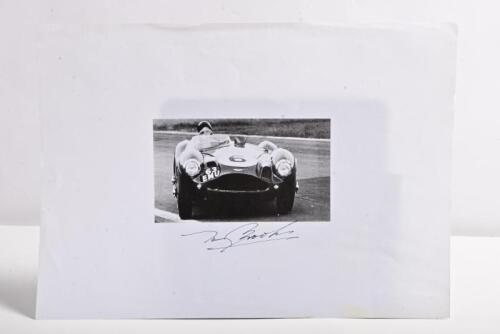 BROOKS: A black and white image on paper of Tony Brooks racing a Aston Martin DB3 S at Goodwood 1956. Tony Brooks signature