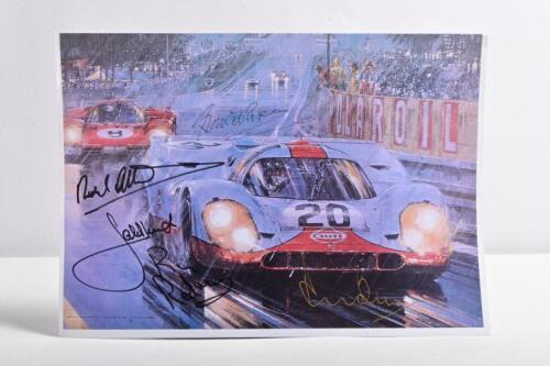 PORSCHE: A Nicholas Watts print copy on paper - "The Power and the Glory: A Tribute". Print copy signed by Richard Attwood, Derek Bell, Jacky Ickx, David Piper, Brian Redman. Superb item