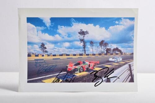 MAZDA: A colour image of the Mazda 787B at Le Mans 1991 as raced by Volker Weidler, Bertrand Gachet and Johnny Herbert. Picture signed by all three drivers