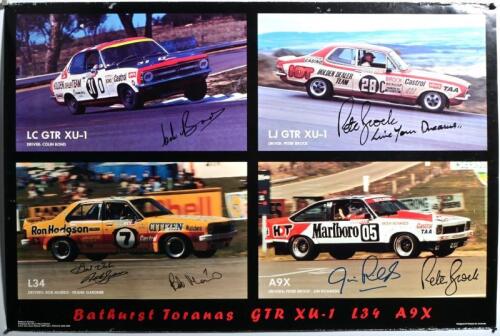 TORANA: A large Phase Three Posters poster - 'Bathurst Toranas GTR XU-1 L34 A9X' - featuring a quartet of Holden Torana's as raced by various A.T.C.C drivers. Colin Bond, Peter Brock, Peter Jansons, Bob Morris, Jim Richards signatures
