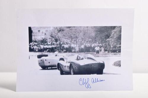 ALLISON: A black and white image on paper of Cliff Allison racing a Ferrari 250 TR/59. Cliff Allison signature