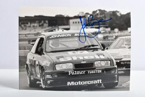 BOWE: A black and white picture of John Bowe racing a Shell Ford Sierra. John Bowe signature
