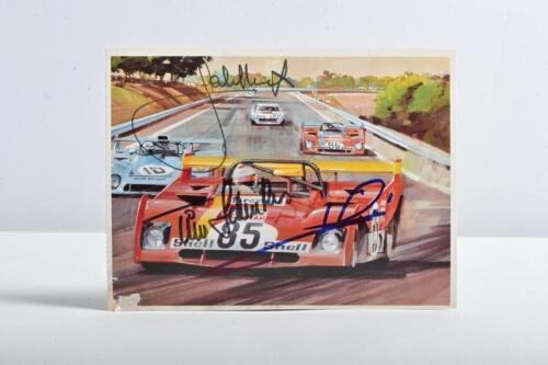 WATKINS GLEN: A Michael Turner postcard with image from 1972 Watkins Glen 6-Hour Race depicting the Ferrari of Andretti/Ickx going into the lead in the final hour from the Peterson/Schenken Ferrari. Mario Andretti, Jacky Ickx, Tim Schenken signatures