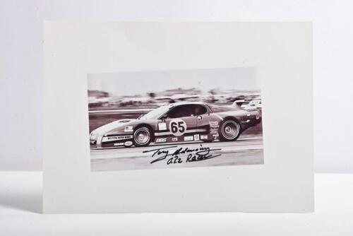 ADAMOWICZ: A black and white image of Tony Adamowicz (a2z Racer) racing a Ferrari 512BB/LM at Daytona 1981. Adamowicz signature