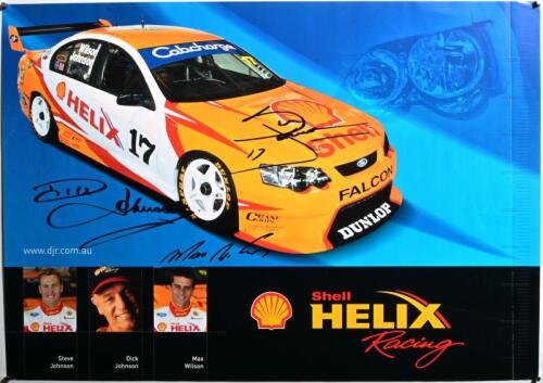 FORD: A Shell HELIX racing poster depicting the BA Ford Falcon XR8 as driven/raced by Steve Johnson, Dick Johnson, Max Wilson. Poster signed by all three