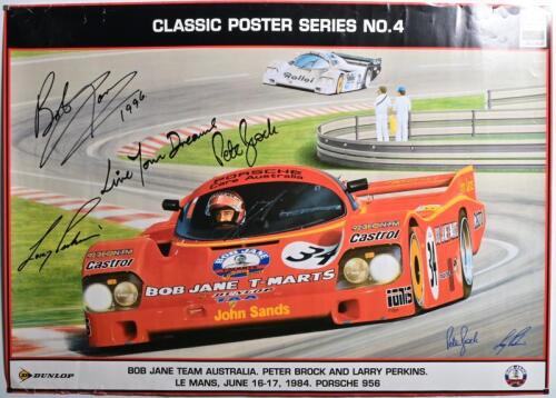 JANE: A Martin de Lang print from CLASSIC POSTER SERIES NO.4, CALDER PARK MOTORSPORT - 'BOB JANE TEAM AUSTRALIA. PETER BROCK AND LARRY PERKINS, LE MANS, JUNE 16-17, 1984. PORSCHE 956' depicting the Bob Jane T-Marts Porsche 956 at Le Mans. Poster signed by