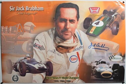 BRABHAM: A 'Sir Jack Brabham - "The Legend" poster depicting the Brabham race cars from Sir Jack Brabham's three World Championships of 1959, 1960, 1966. Poster signed by Sir Jack Brabham