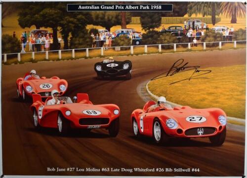 ALBERT PARK: A Martin de Lang print - 'Australian Grand Prix Albert Park 1958' - depicting Bob Jane, Lou Molina, Late Doug Whitford, Bib Stillwell racing at Albert Park. Poster signed by Bob Jane