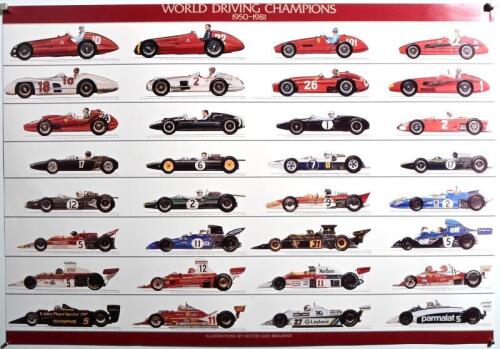 FORMULA 1 DRIVING CHAMPIONS: A 'WORLD DRIVING CHAMPIONS' poster chart depicting all Grand Prix champions and respective race cars from 1950 to 1981