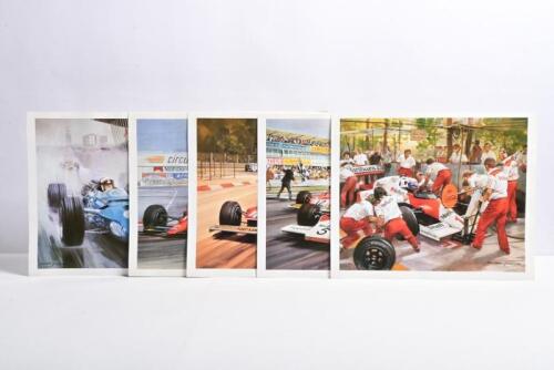 TURNER: A group of five Michael Turner colour print sample pictures. Ferrari, McLaren, Matra F1 racing car depictions.