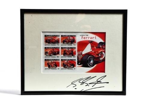 SCHUMACHER: A set of six unhinged stamps from Gibraltar depicting various Ferrari Formula 1 race cars. Michael Schumacher signature
