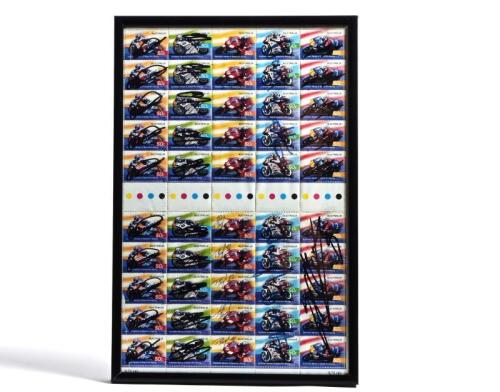 MOTORBIKES: A sheet of 'Australian Heroes of Grand Prix Racing' stamps from 2004. Stamp sheet signed by Mick Doohan, Wayne Gardner, Troy Bayliss, Daryl Beattie, Gary McCoy. Interesting item