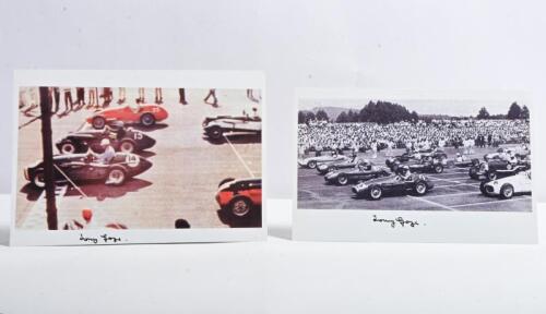 GAZE: Two picture images of Tony Gaze at the starting line for various motor racing events. Both pictures signed by Tony Gaze