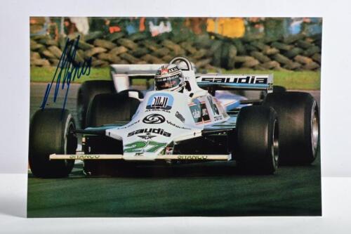 JONES: A colour picture of Alan Jones racing a Williams FW07B at the 1980 Canadian Grand Prix. Alan Jones signature
