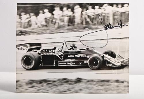 ICKX: A black and white picture depicting Jacky Ickx racing a Walter Wolf Racing Formula One car. Jacky Ickx signature