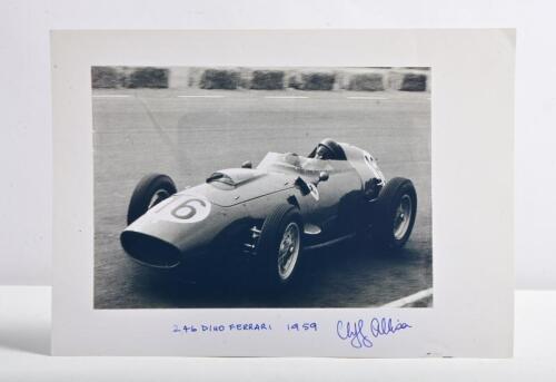 ALLISON: A black and white image of Cliff Allison racing a 246 Dino Ferrari during the 1959 Grand Prix season. Cliff Allison signature