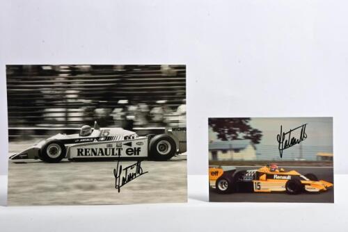 JABOUILLE: Two pictures depicting Jean-Pierre Jabouille racing a Renault Formula 1 car. Jean-Pierre Jabouille signatures