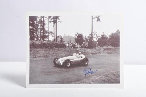 PIETSCH: A black and white image on thick card of Paul Pietsch racing an Alfa Romeo 159 during 1951 Grand Prix season. Paul Pietsch signature