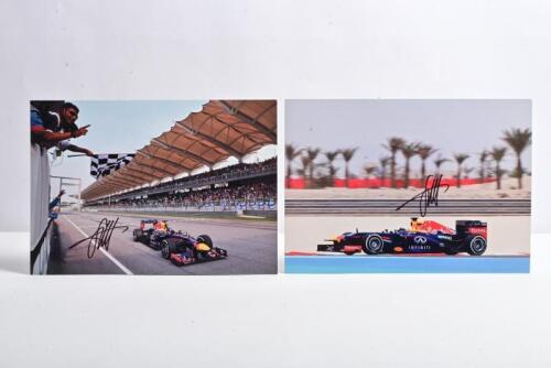 VETTEL: Two colour pictures of Sebastian Vettel racing the Red Bull RB9 Formula 1 car. Sebastian Vettel signatures
