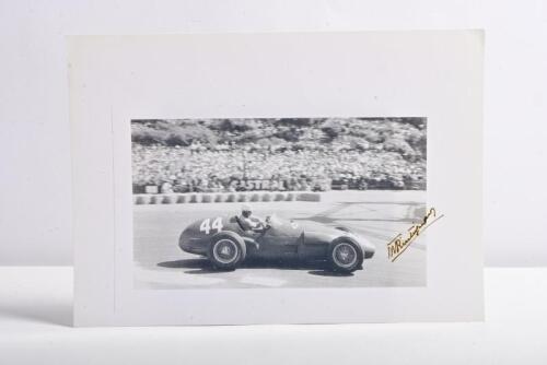 TRINTIGNANT: A black and white image of Maurice Trintignant racing to victory at the 1955 Monaco Grand Prix in Ferrari 625/F1. Maurice Trintignant signature
