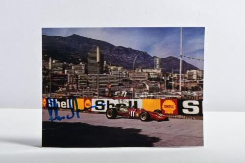 AMON: A colour picture of Chris Amon racing a Ferrari 312 at Monaco. Picture signed by Chris Amon