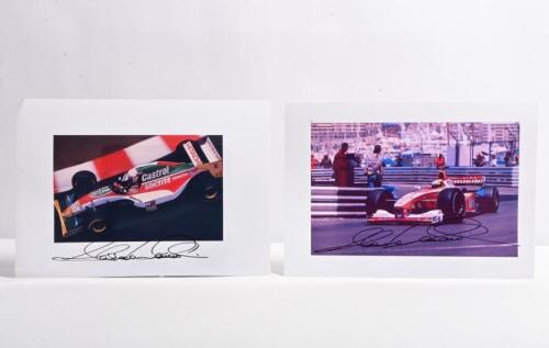 ZANARDI: Two colour pictures of Alex Zanardi racing Formula 1 cars including a Lotus 107B Ford and Williams FW21. Both pictures signed by Alex Zanardi
