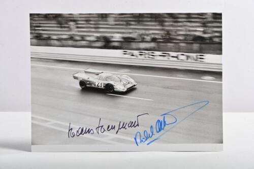 PORSCHE: A black and white image from 1970 Le Mans of a Porsche 917 KH as driven to victory by Hans Herrmann and Richard Attwood. Hermann & Attwood signatures