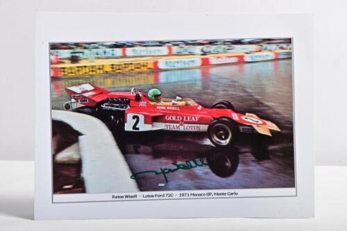 WISELL: A colour picture of Reine Wisell racing a Lotus-Ford 72C at the 1971 Monaco GP, Monte Carlo. Reine Wisell signature