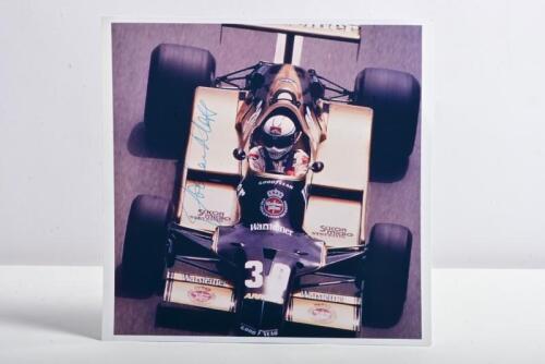 MASS: A colour picture of Jochen Mass racing a Warsteiner Arrows Ford at Monaco 1979. Jochen Mass signature