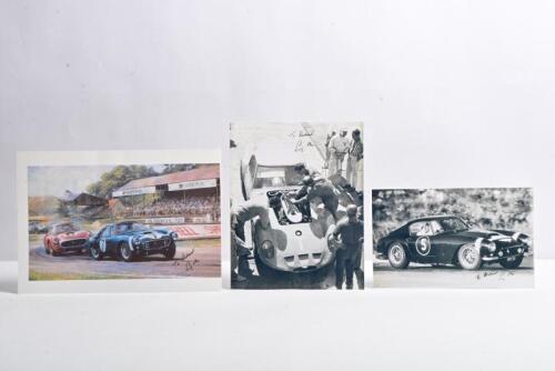 MOSS: Three pictures related to Stirling Moss and Ferrari. Moss with 250 GT, 250 GTO pictures. Stirling Moss signatures